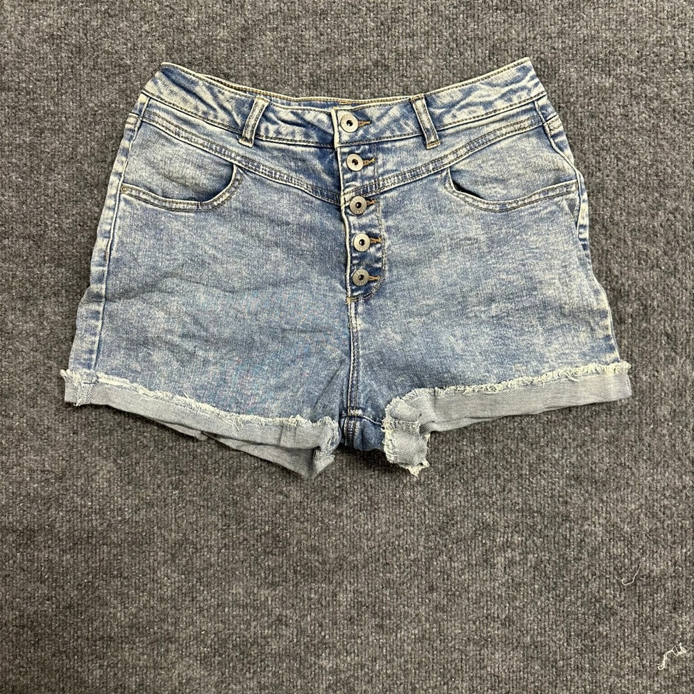 True Craft Denim Shorts Womens Size 13 Blue Acid Wash Button Fly High Rise Raw